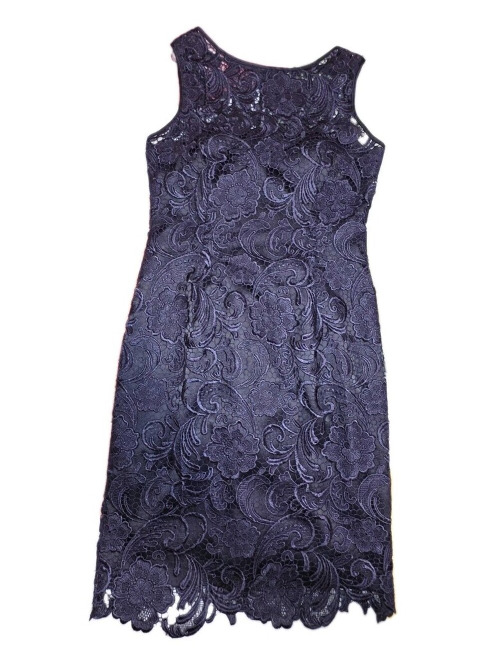Adrianna Papell Black Floral Lace Sheath Dress, Round Neck, Size 8